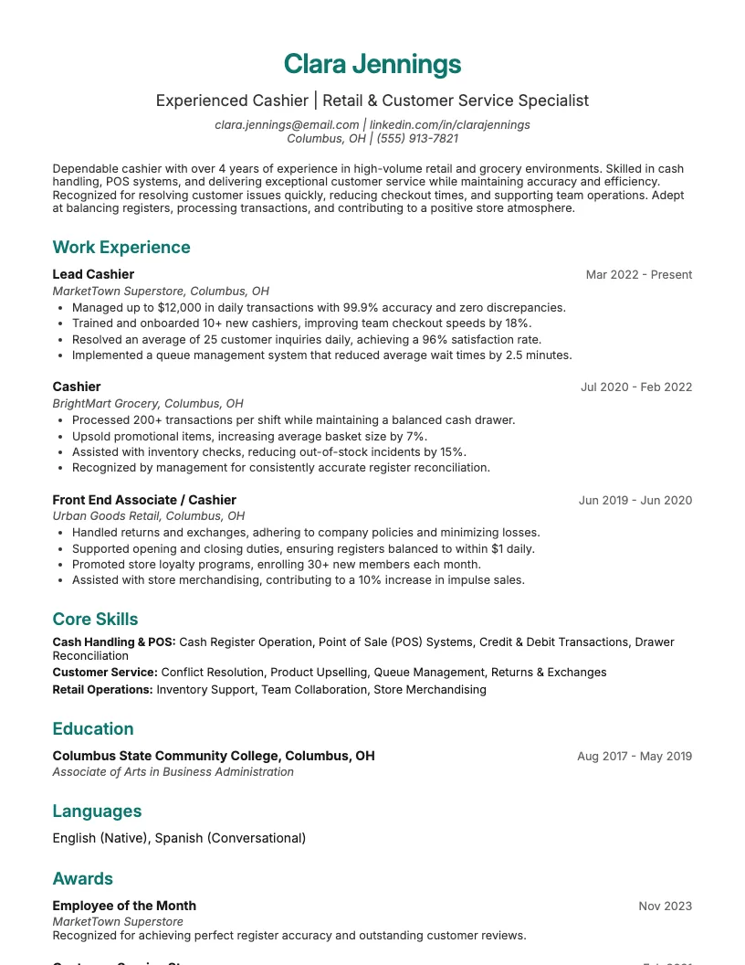 Counter Attendant Resume Example