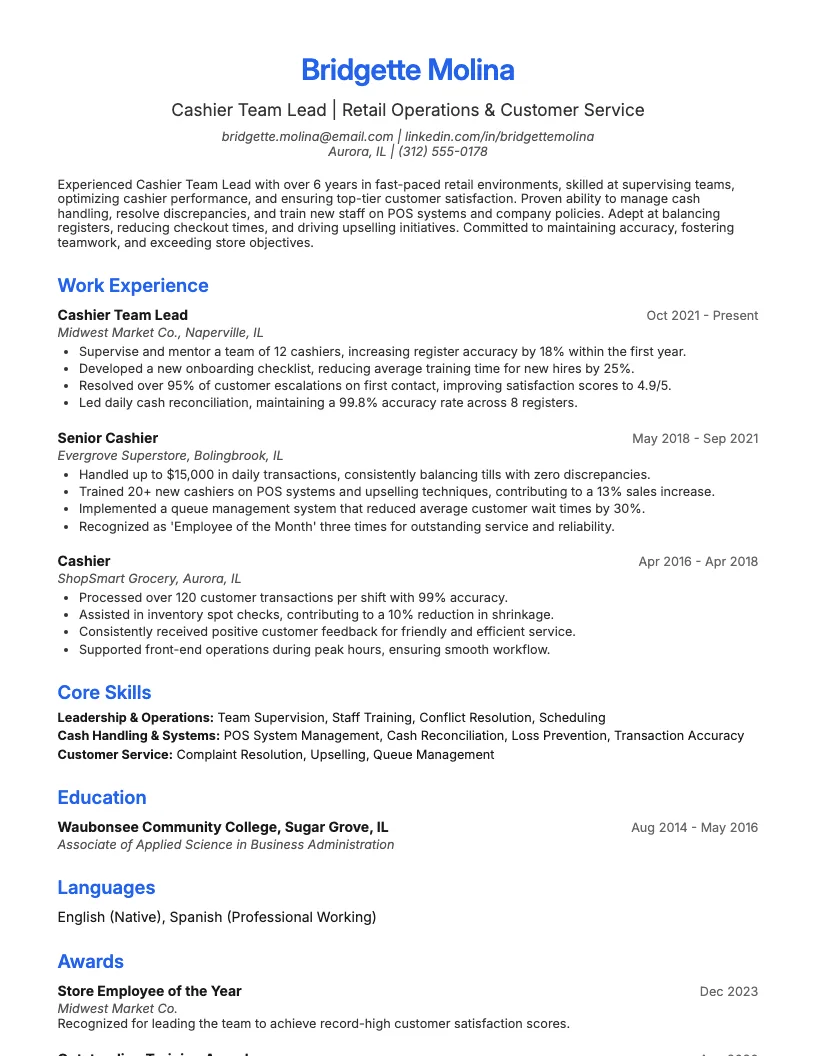 Cash Office Supervisor Resume Example