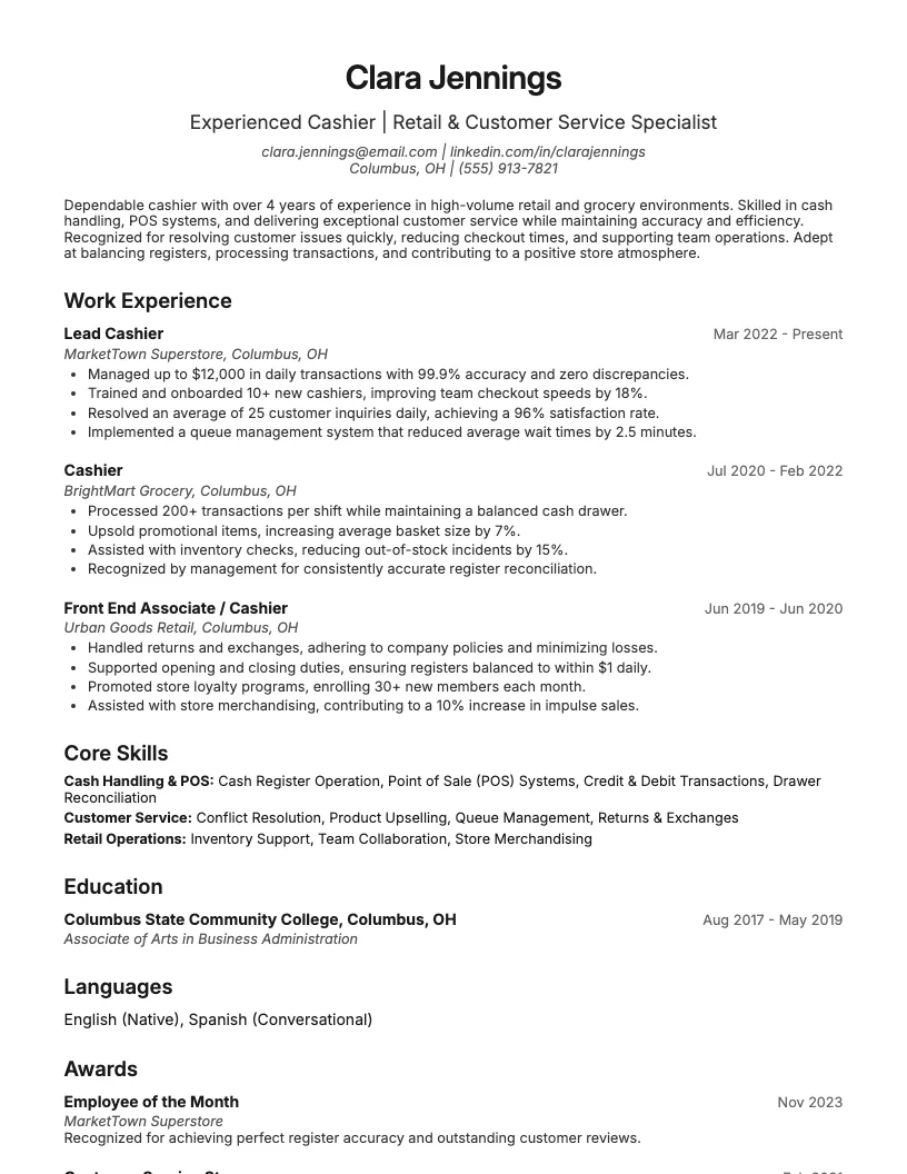 Cashier Resume Example