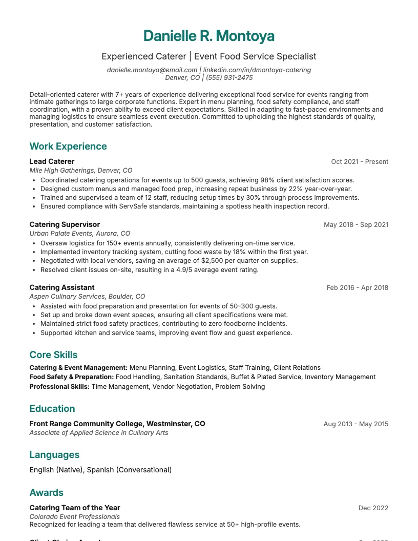 Cafeteria Worker Resume Example