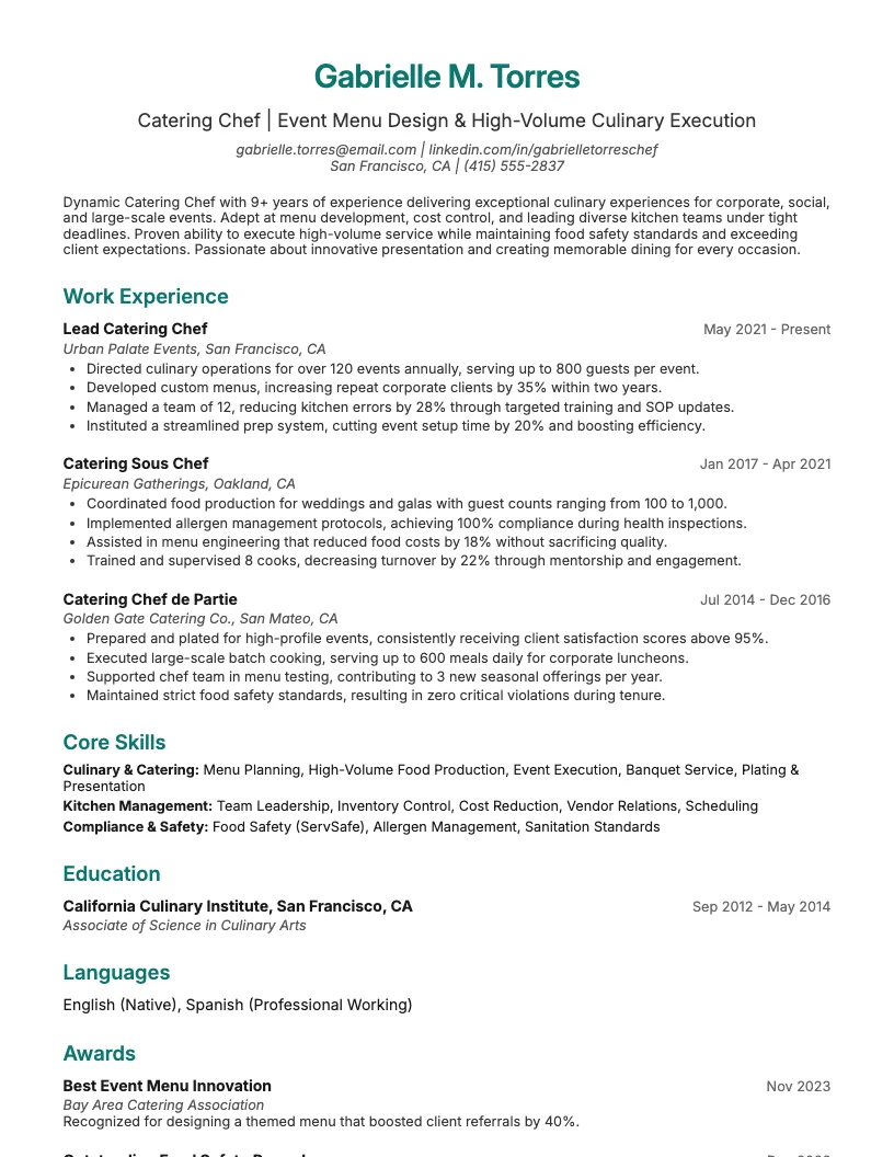 Catering Chef Resume Example