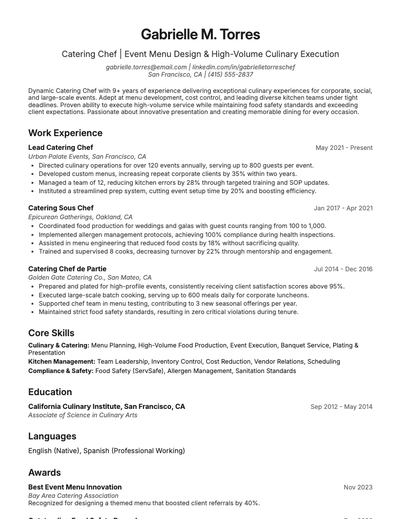 Catering Chef Resume Example