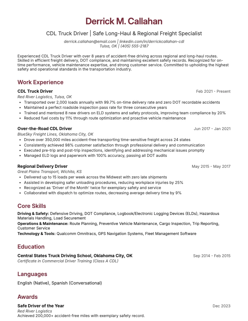 CDL Truck Driver Resume Example