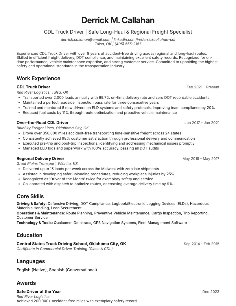 Cdl Truck Driver Resume Example