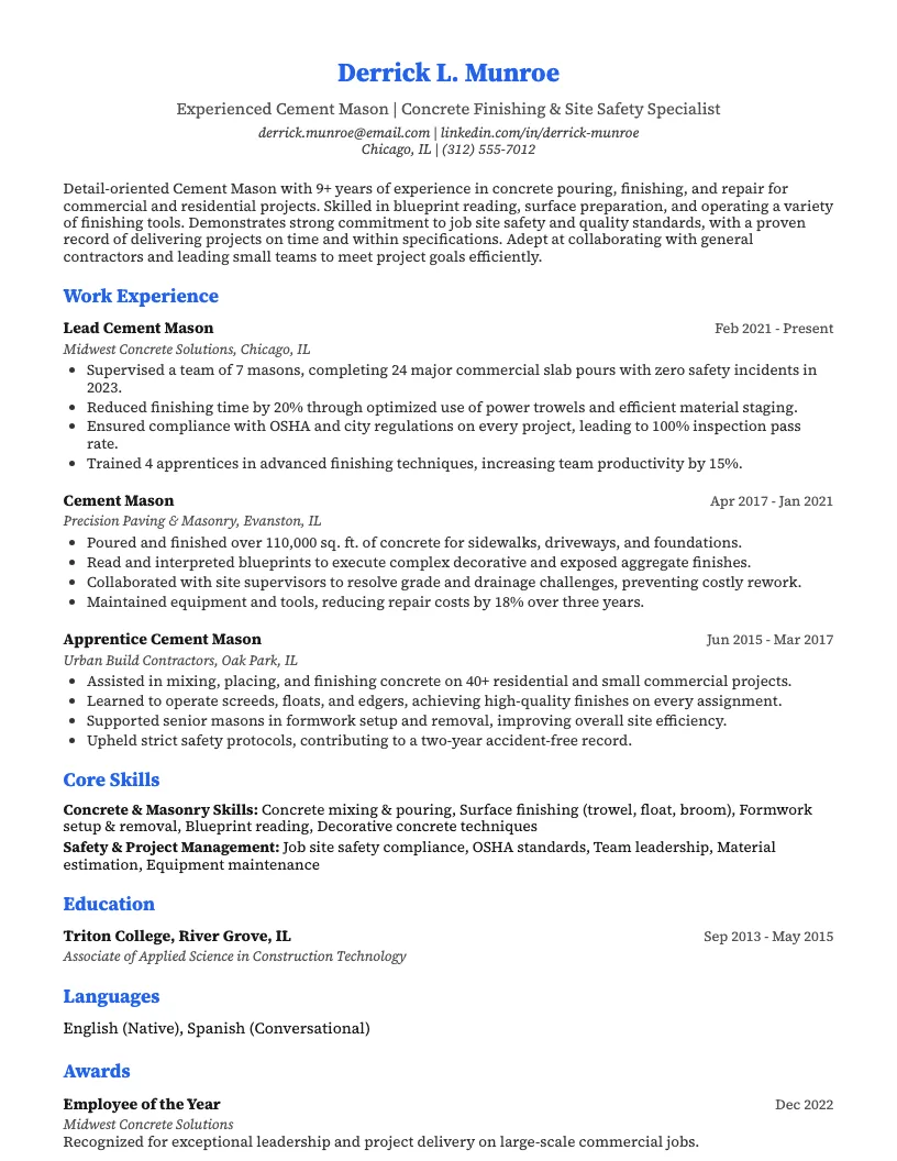 Cement Mason Resume Example