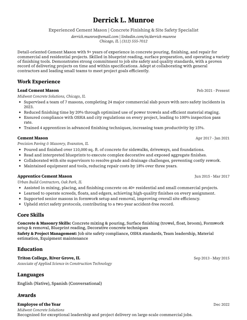 Cement Mason Resume Example