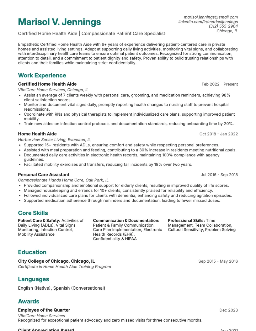 Certified Home Health Aide Resume Example