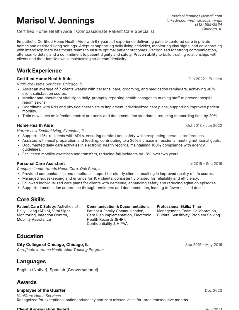 CNA (Home Health Aide) Resume Example