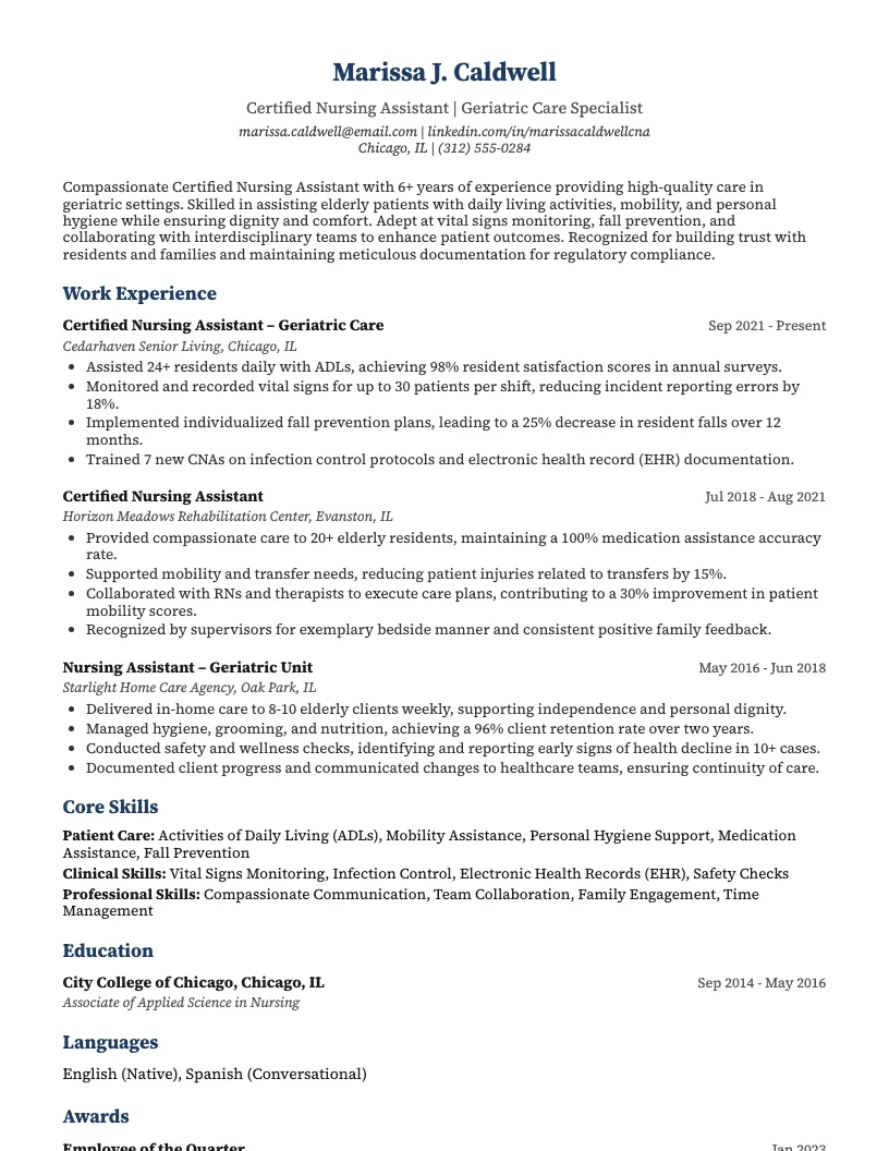 Certified Nursing Assistant (Geriatric Care) Resume Example