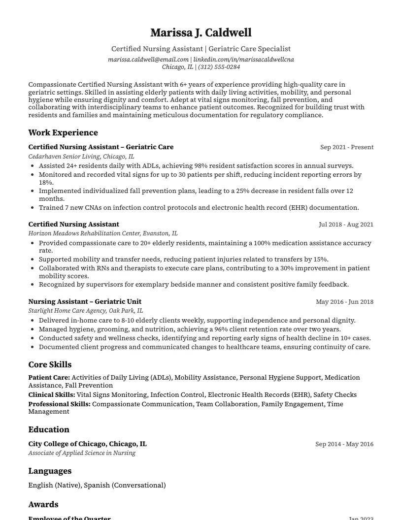 Certified Nursing Assistant Geriatric Care Resume Example