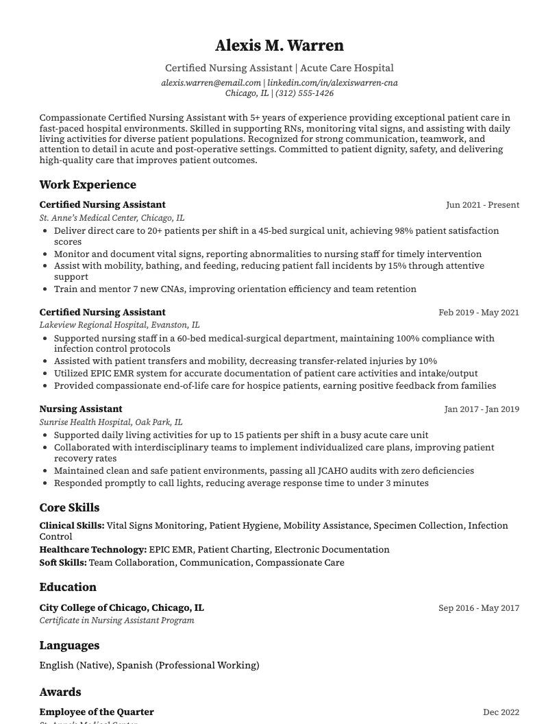 CNA (Hospital Setting) Resume Example