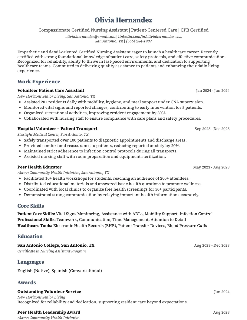 Certified Nursing Assistant No Experience Resume Example