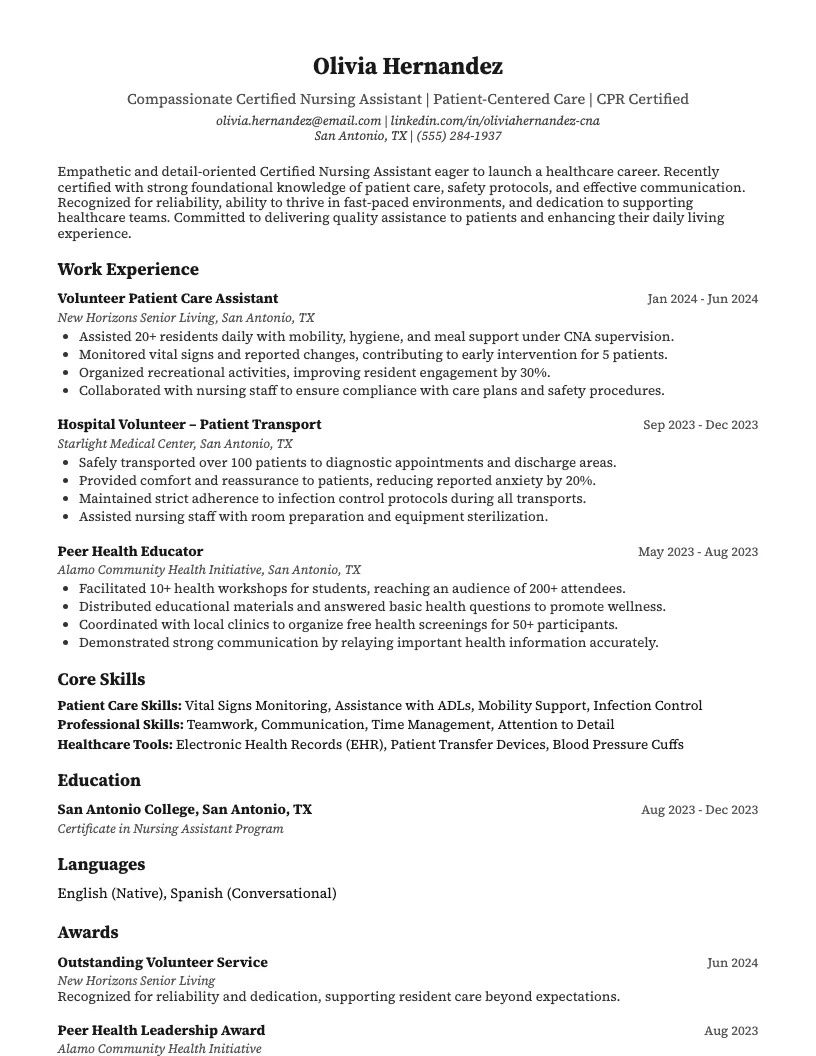 CNA (No Experience) Resume Example