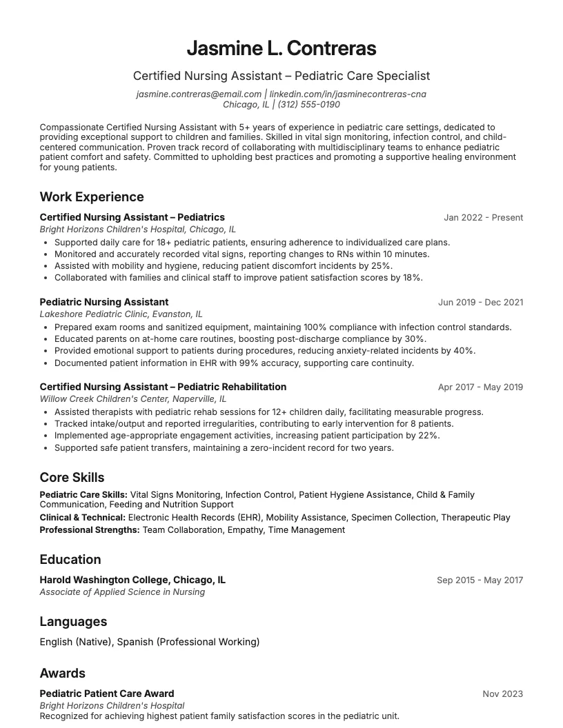 Certified Nursing Assistant Pediatric Care Resume Example