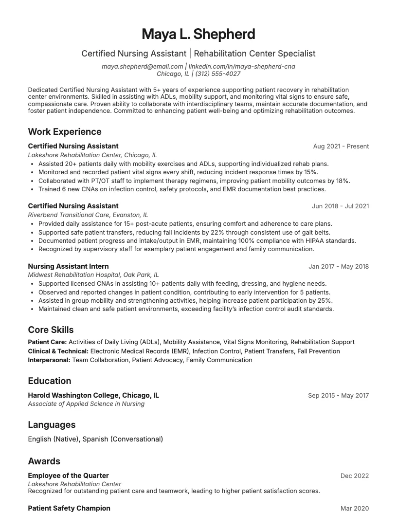 Certified Nursing Assistant (Rehabilitation Center) Resume Example