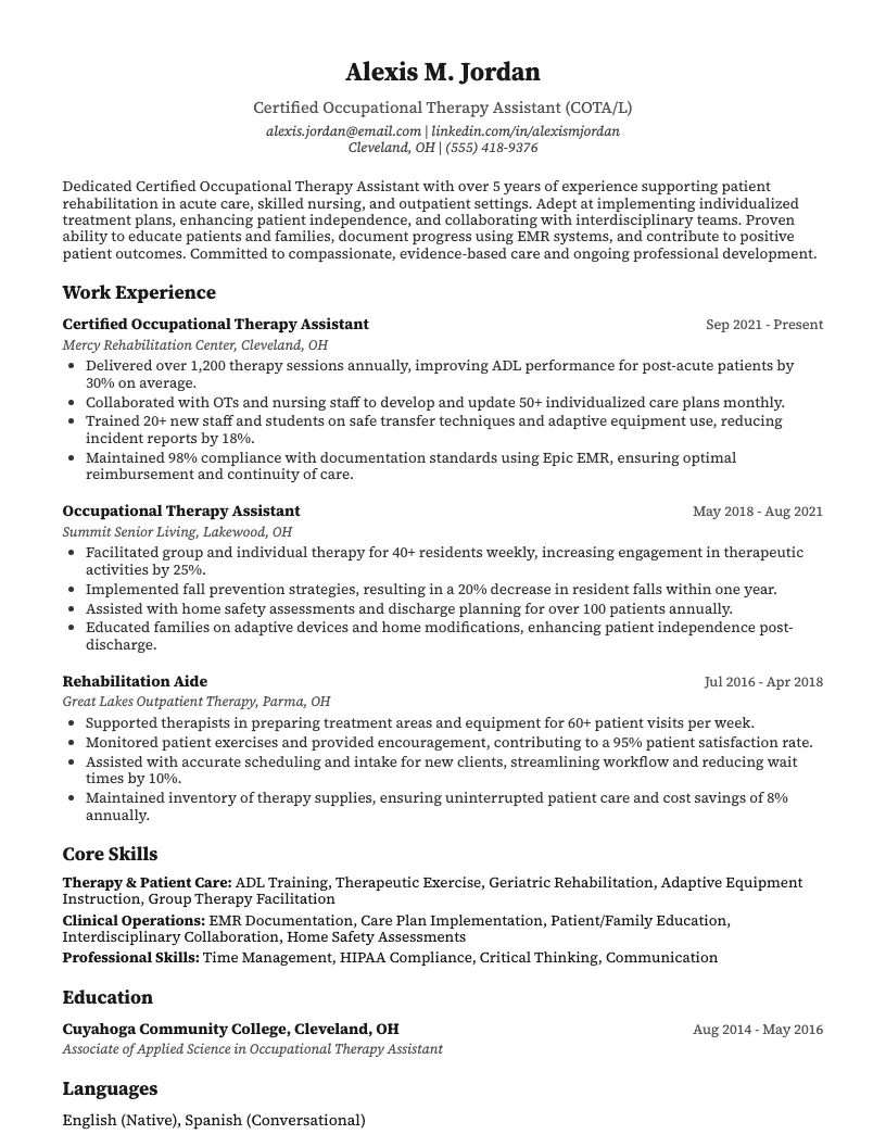 Certified Occupational Therapy Assistant Resume Example