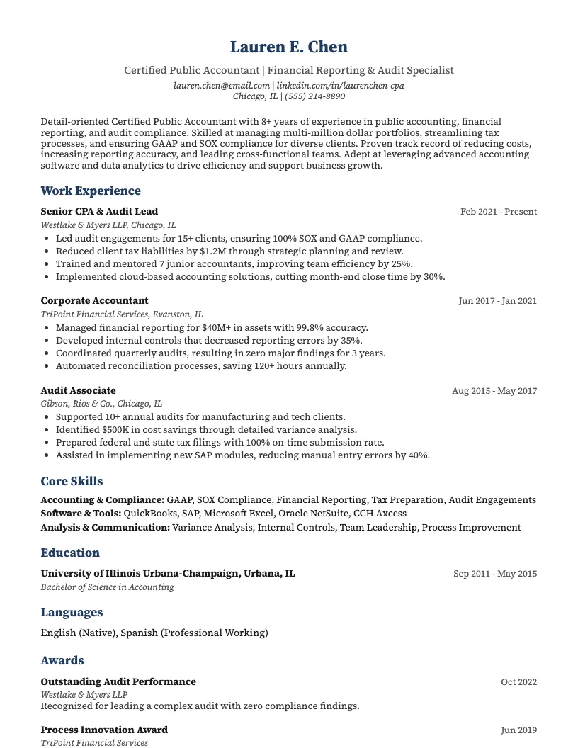 Certified Public Accountant Cpa Resume Example