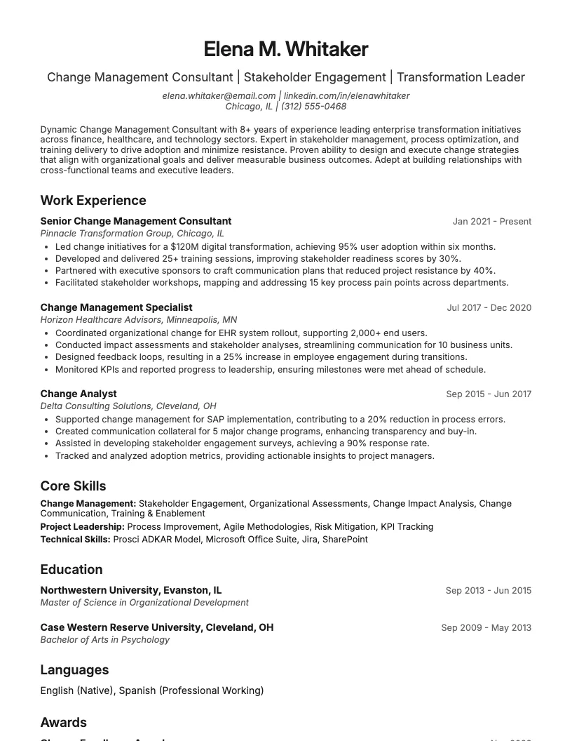 Change Management Consultant Resume Example