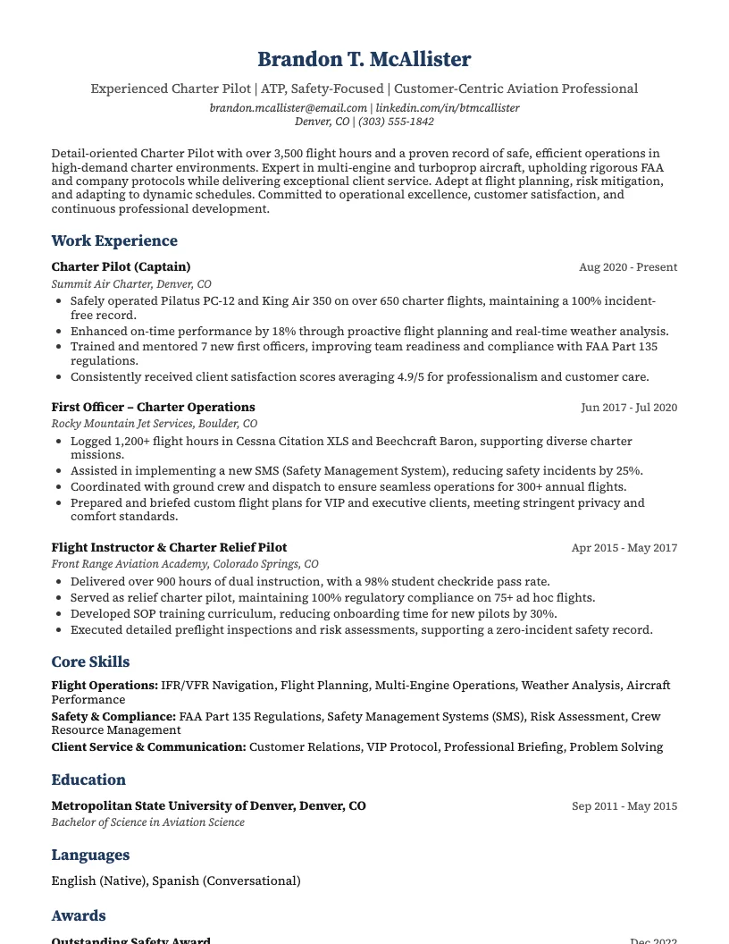 Charter Pilot Resume Example