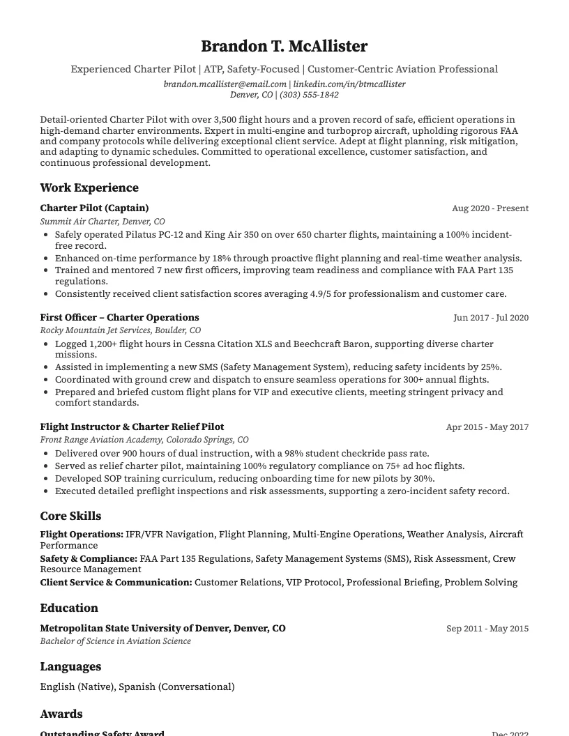 Charter Pilot Resume Example