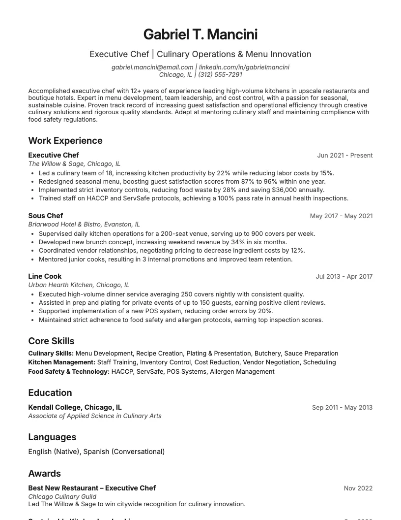 Private Event Chef Resume Example