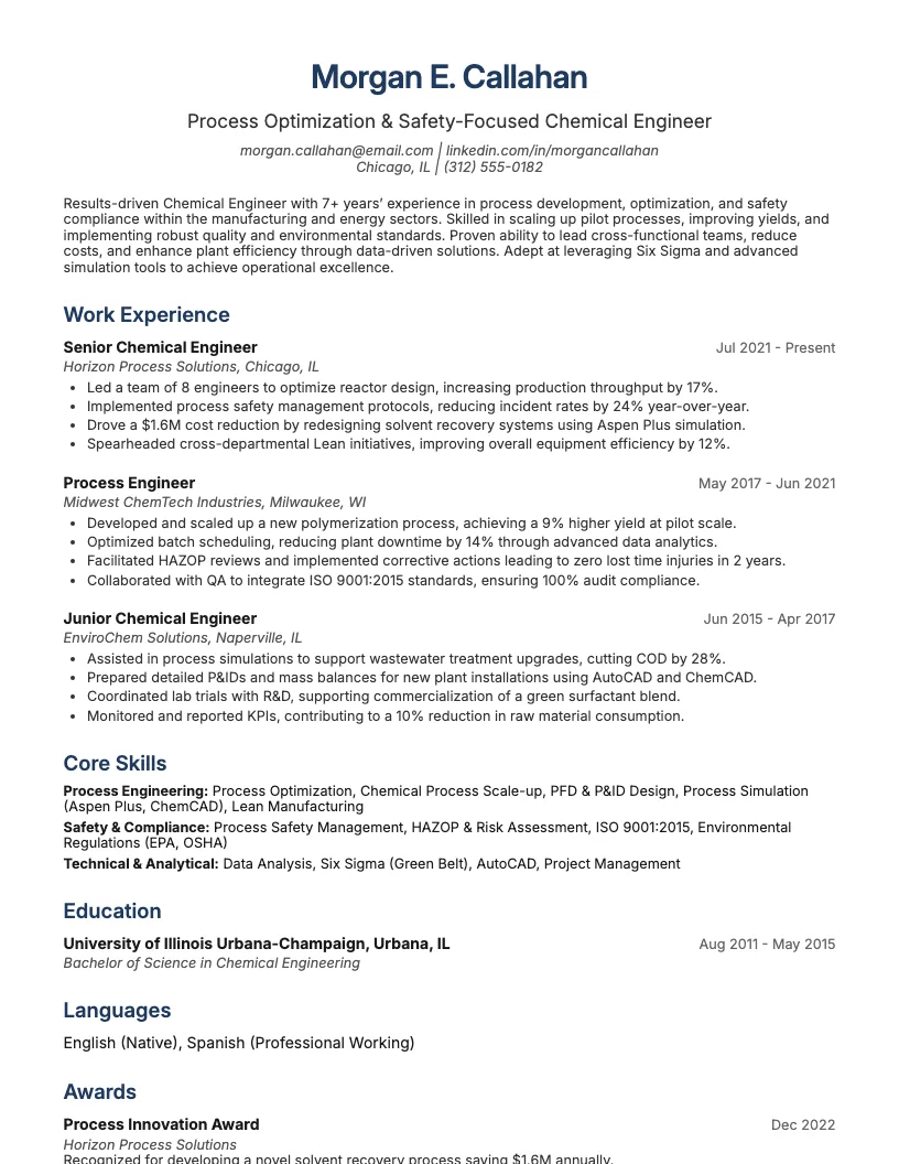 Process Development Engineer Resume Example