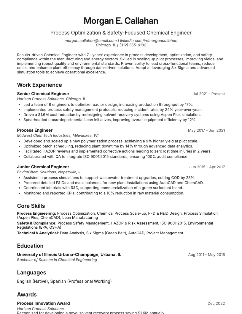 Chemical Engineer resume example