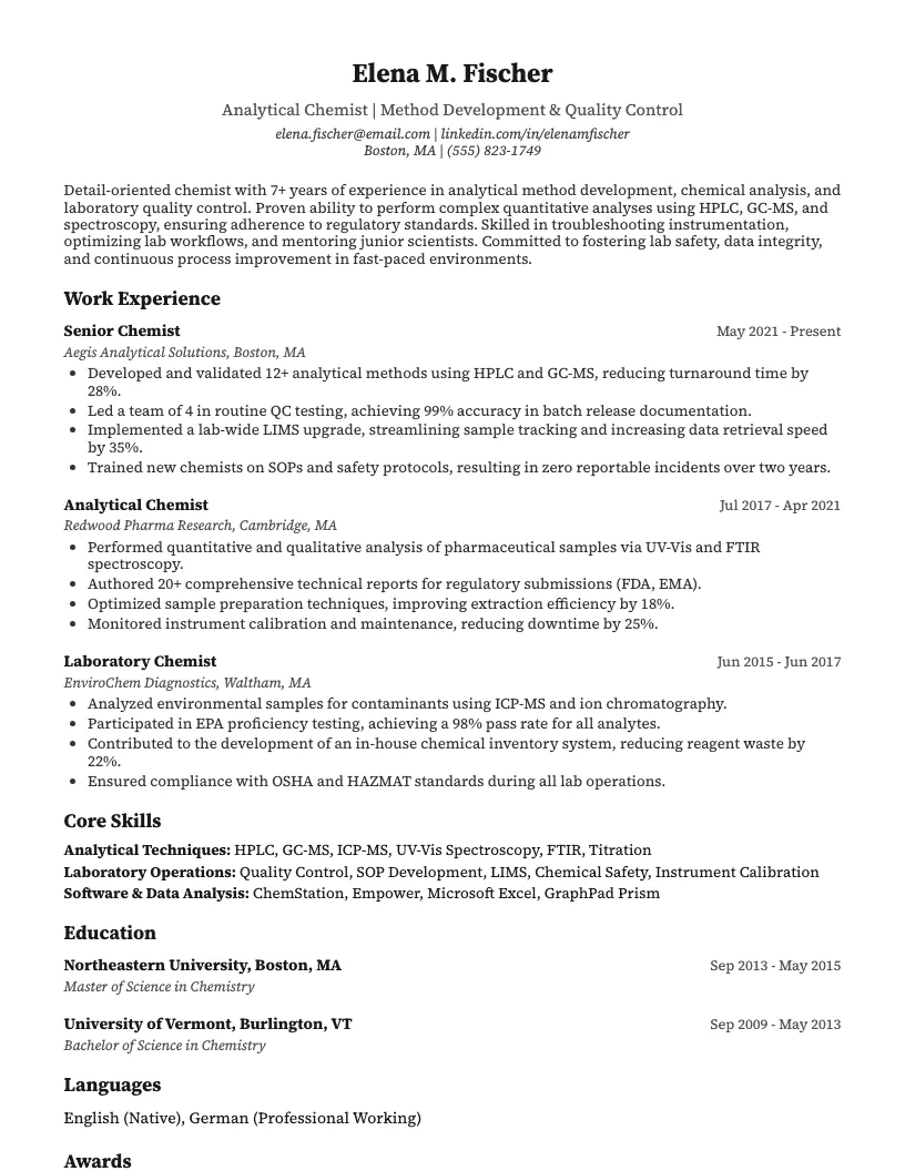 Chemist resume example