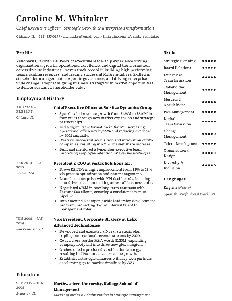 Chief Executive Officer Ceo Resume Example