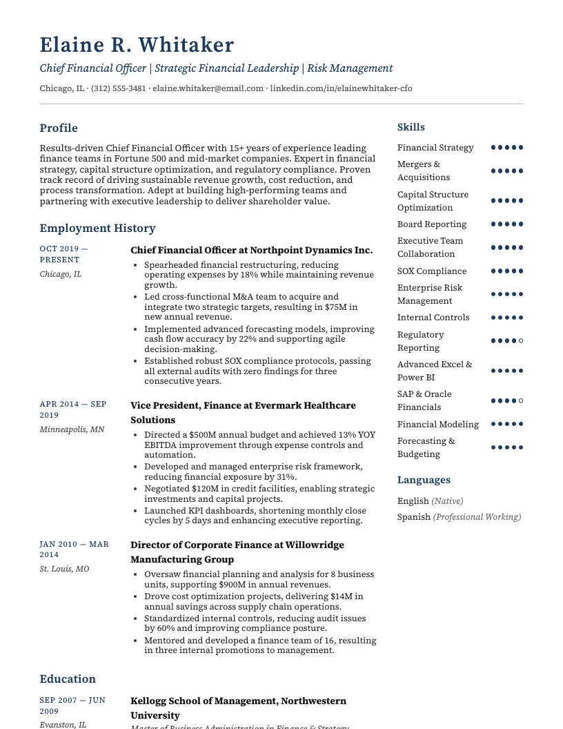 Director of Financial Planning and Analysis Resume Example