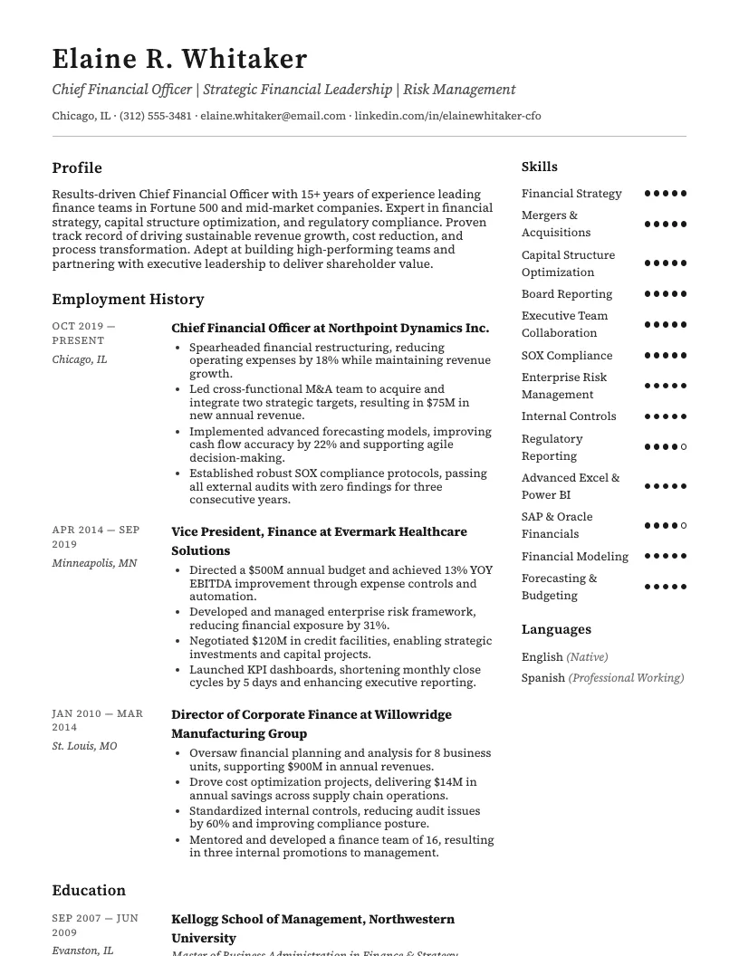 Chief Financial Officer resume example
