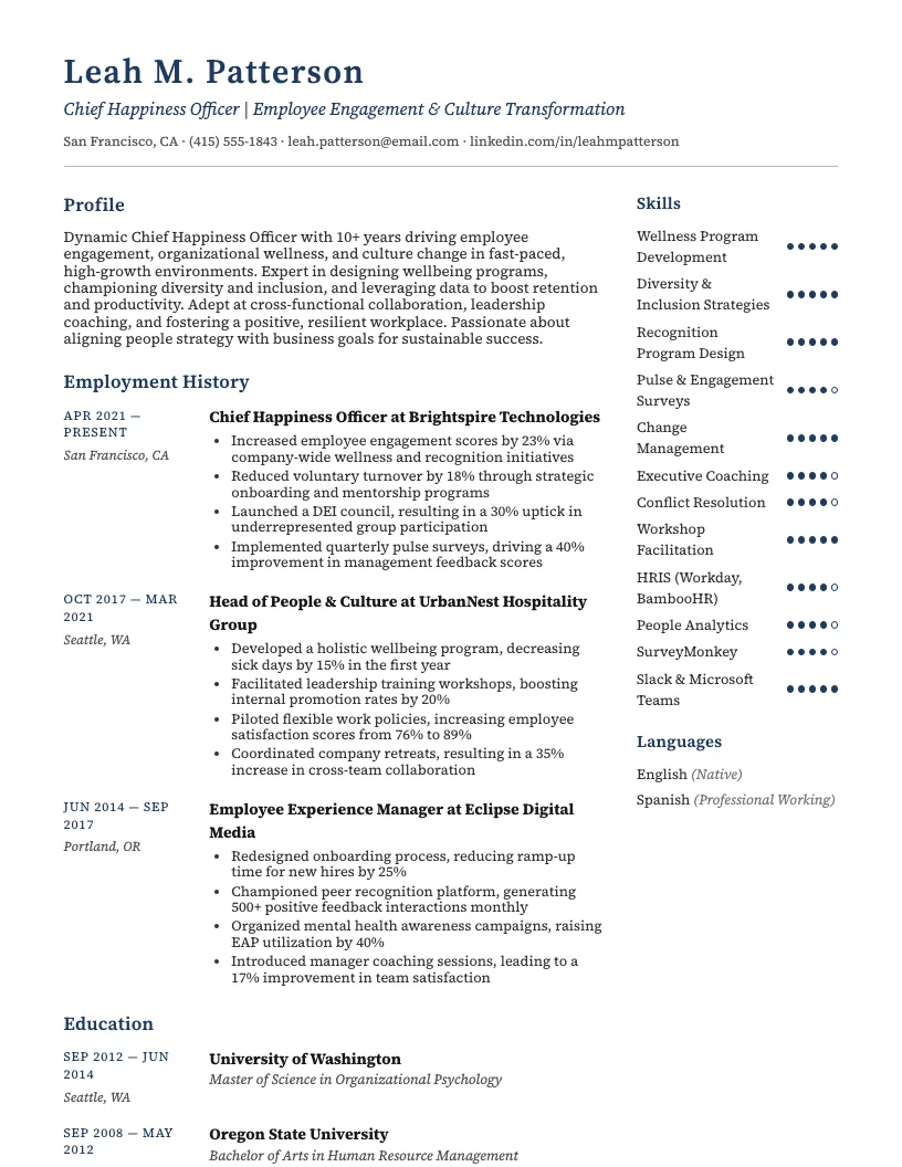 Wellness Director Resume Example