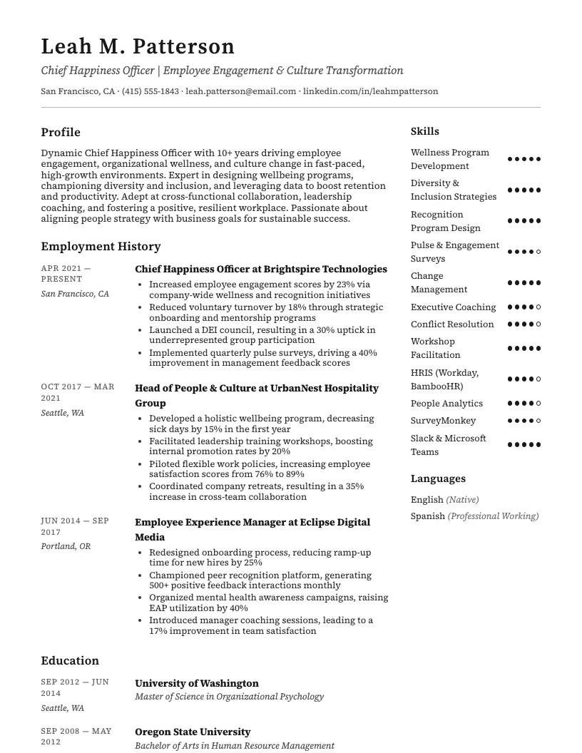 Chief Happiness Officer Cho Resume Example