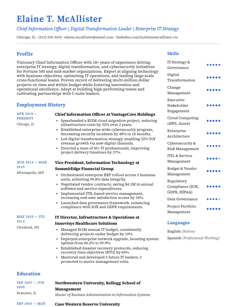 Chief Information Officer Cio Resume Example
