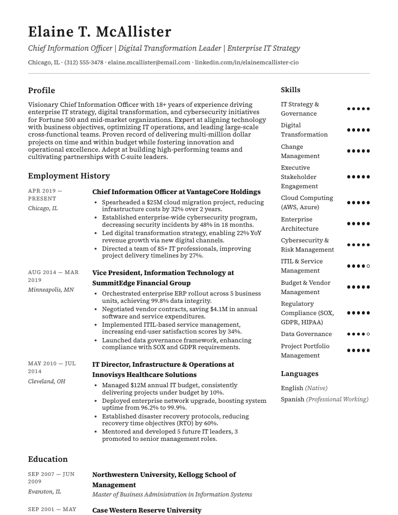 Chief Information Officer (CIO) Resume Example