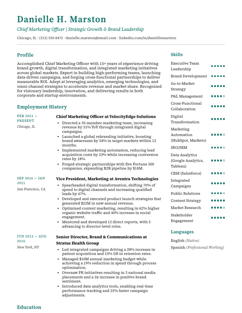 Chief Growth Officer Resume Example