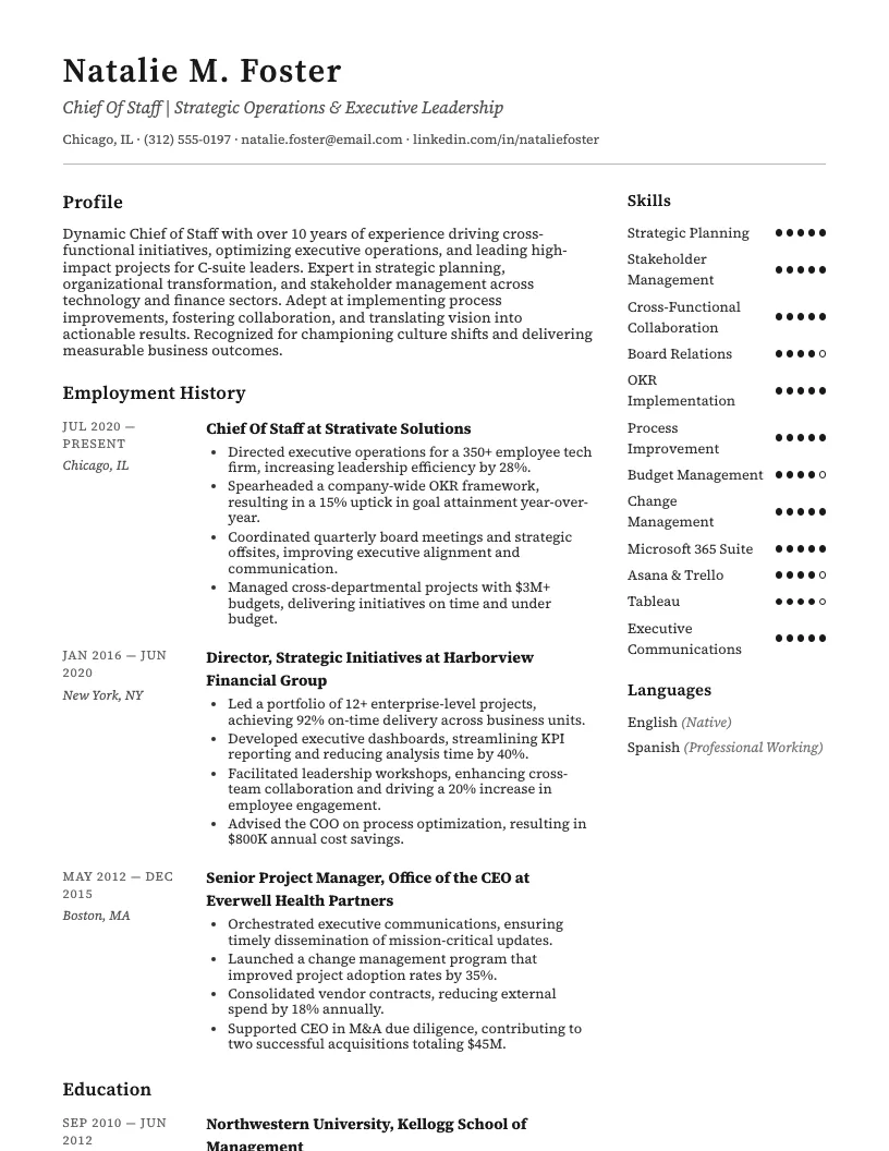 Chief Of Staff Resume Example