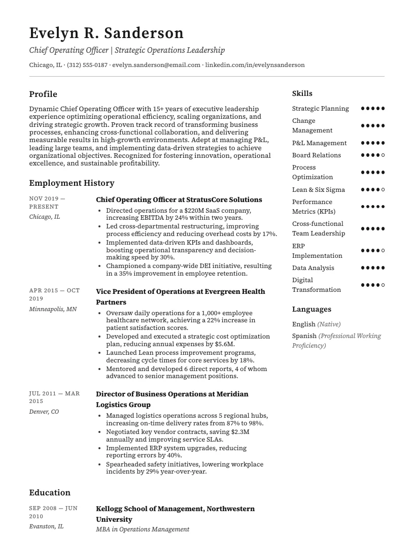 Chief Operating Officer (COO) Resume Example