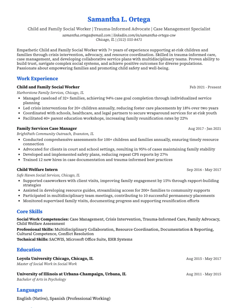 Child and Family Social Worker Resume Example