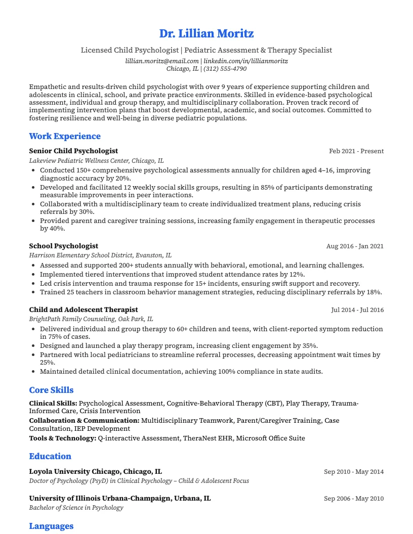 Clinical Psychologist Resume Example