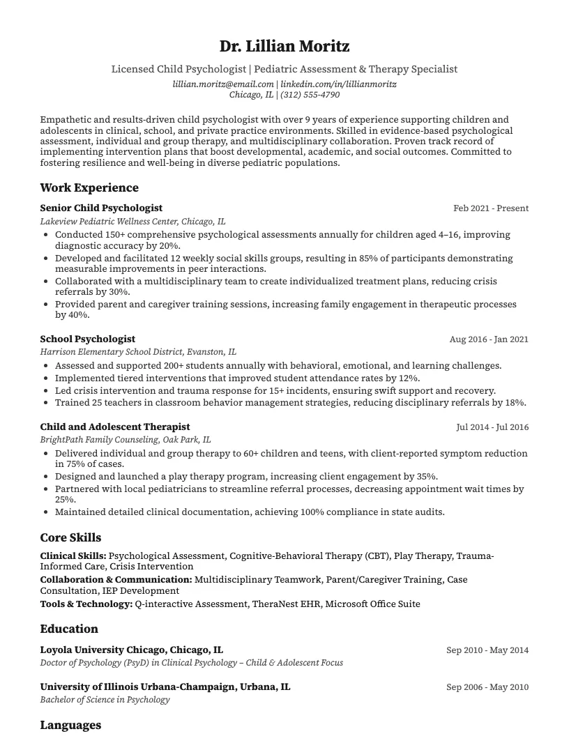 Child Psychologist Resume Example