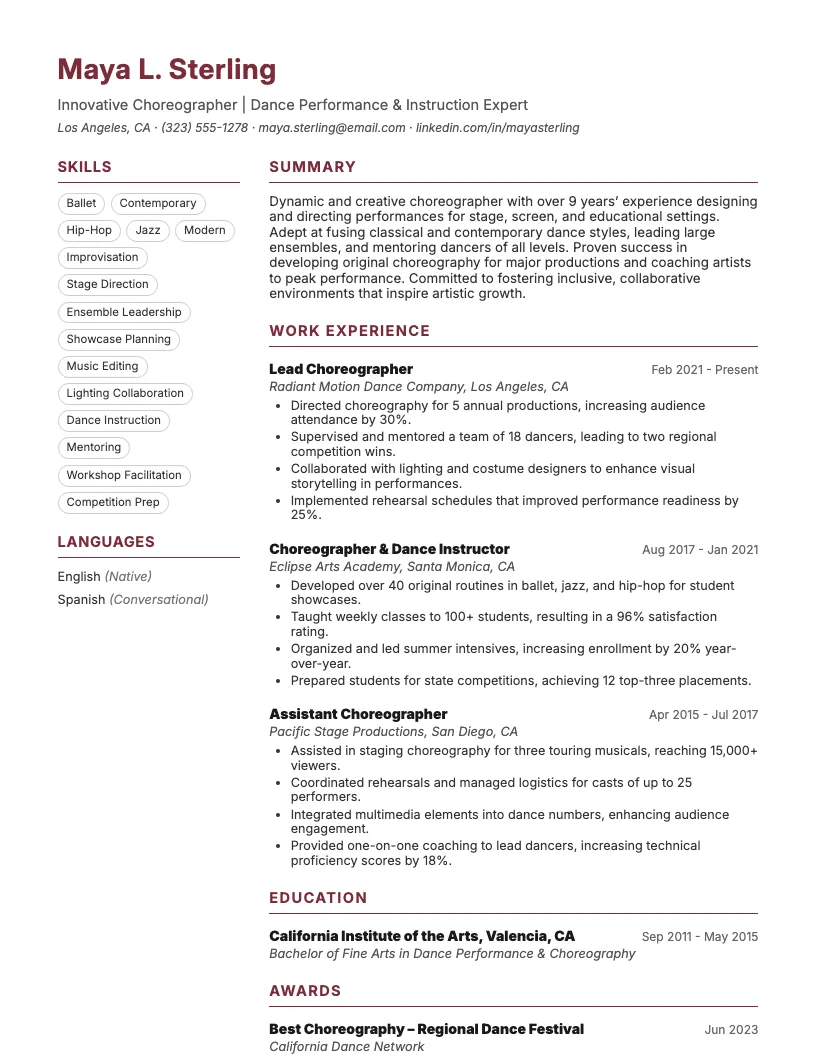 Choreographer Resume Example