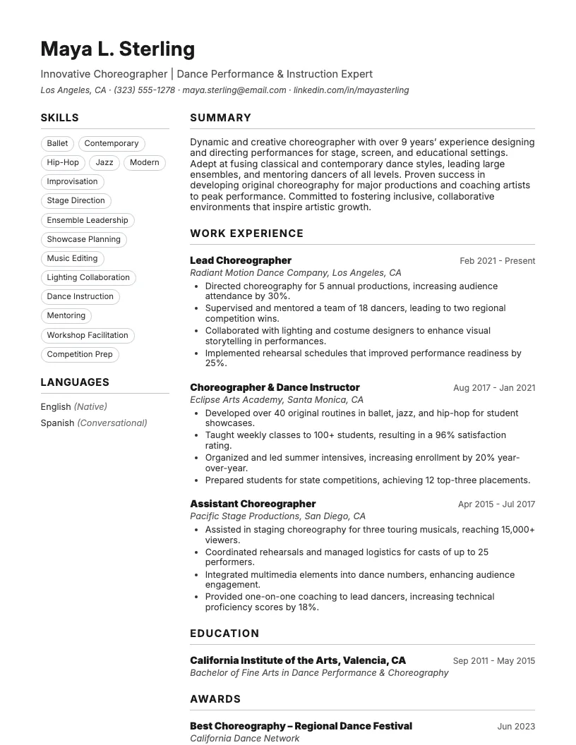 Choreographer Resume Example