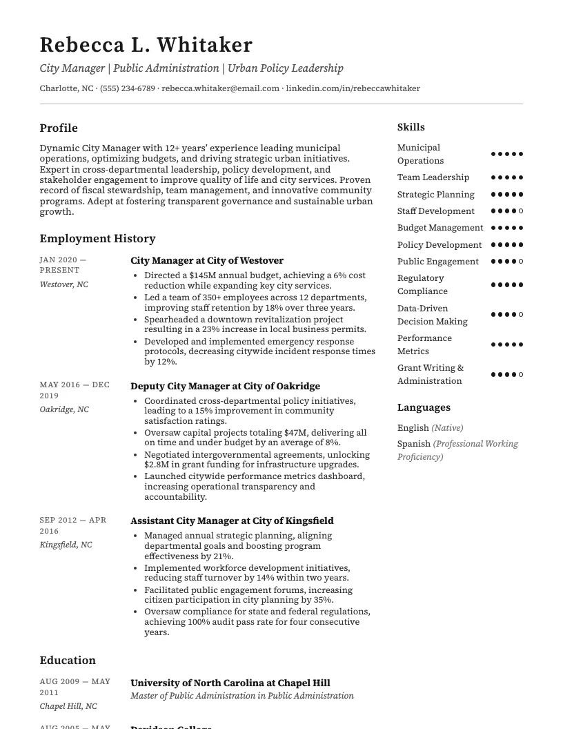 City Manager Resume Example