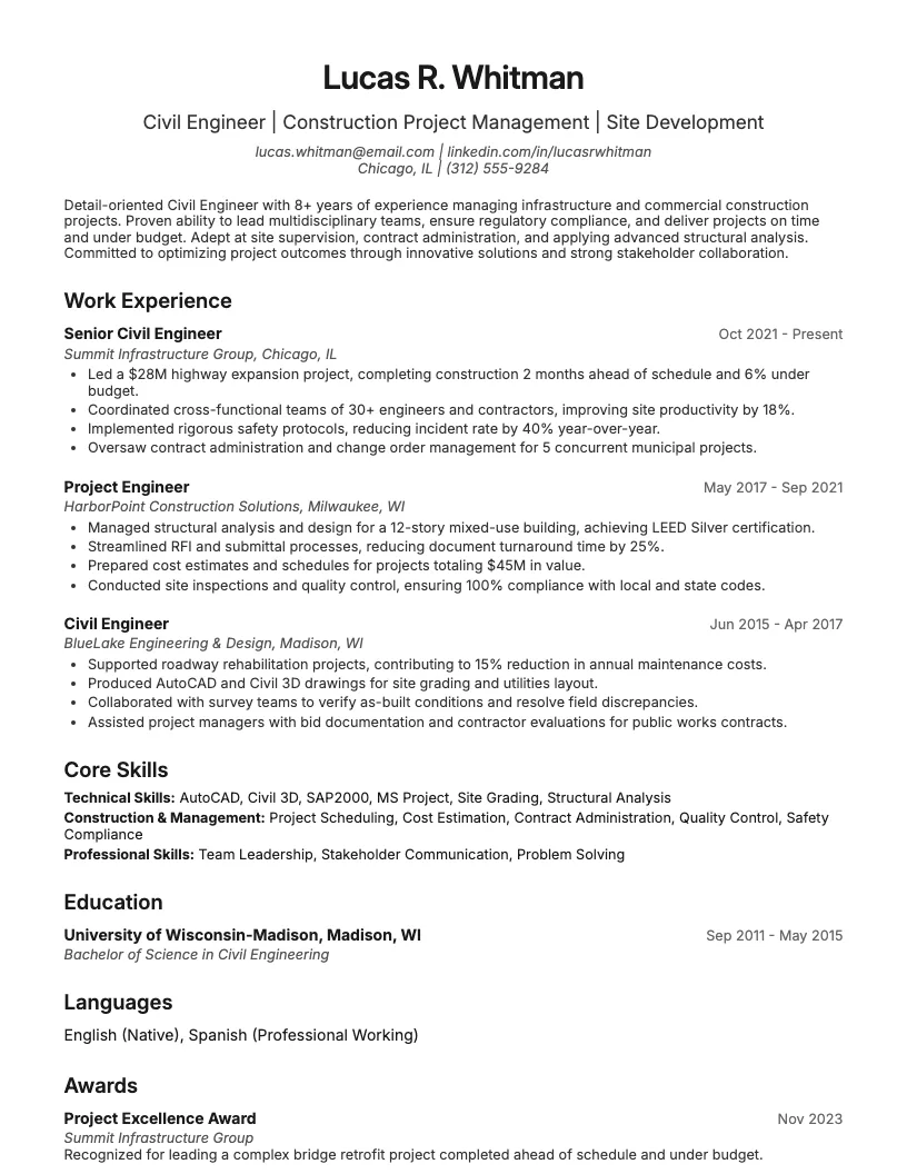 Civil Engineer (Construction) Resume Example