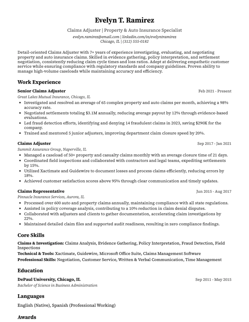 Claims Adjuster Resume Example