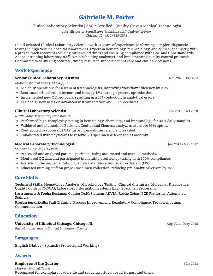 Clinical Laboratory Scientist Resume Example