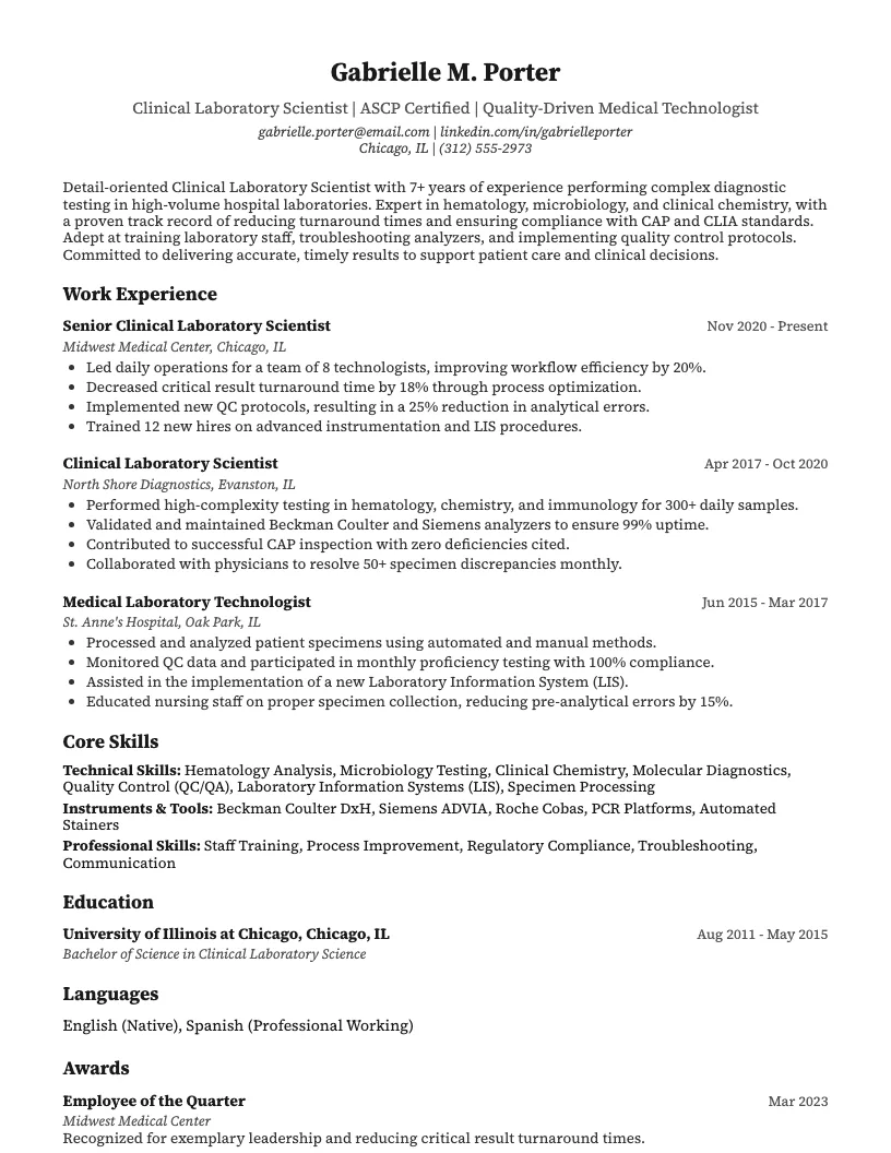Laboratory Scientist Resume Example