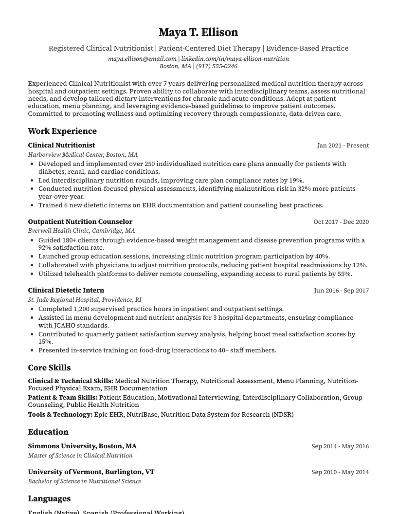 Clinical Nutritionist Resume Example