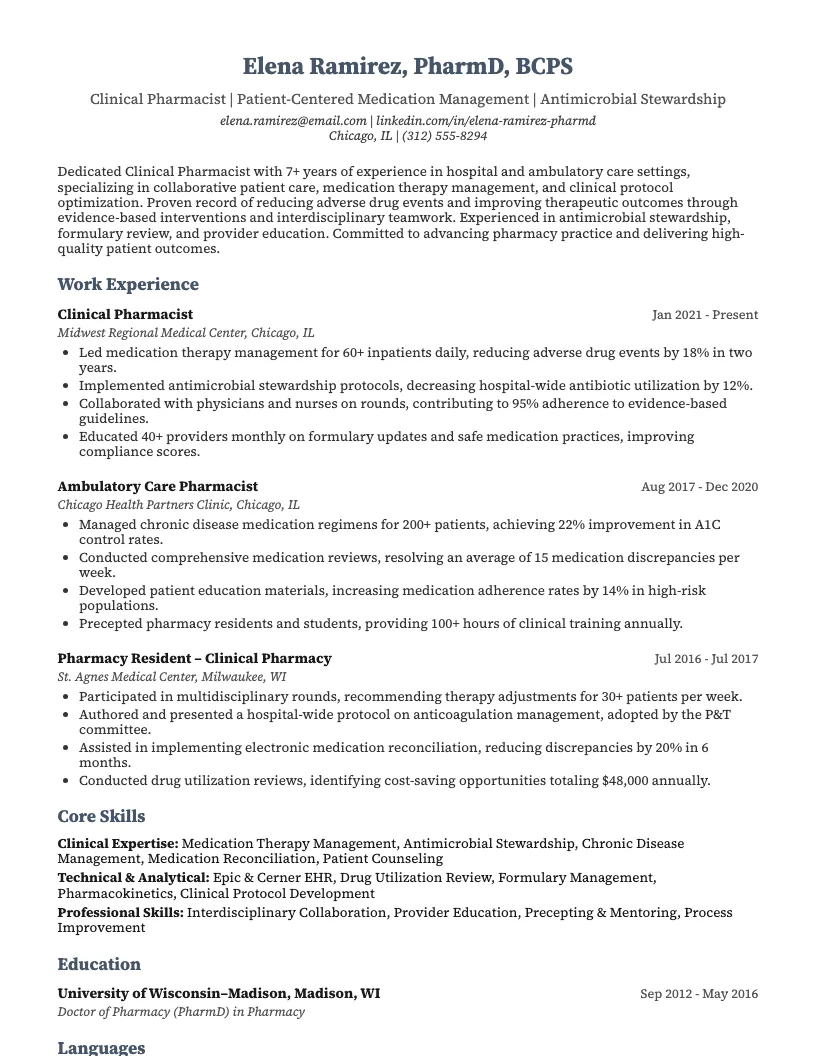 Clinical Pharmacist Resume Example